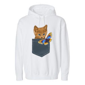 Funny Cat Cat In Pocket Looking At A Butterfly Garment-Dyed Fleece Hoodie