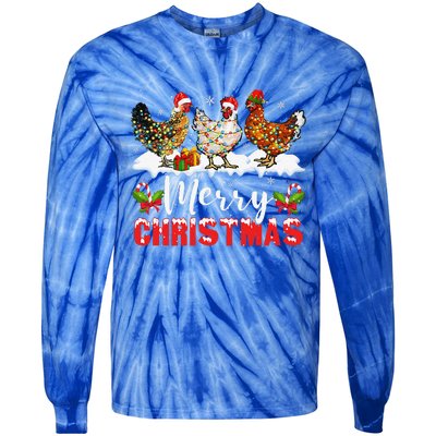 Funny Christmas Chicken Santa Hat Lights Xmas Holiday Tie-Dye Long Sleeve Shirt