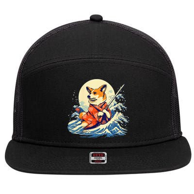Funny Corgi Dog Japanese Grand Wave Ukiyoe Art Samurai Ninja 7 Panel Mesh Trucker Snapback Hat