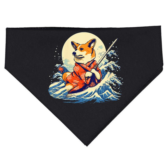 Funny Corgi Dog Japanese Grand Wave Ukiyoe Art Samurai Ninja USA-Made Doggie Bandana