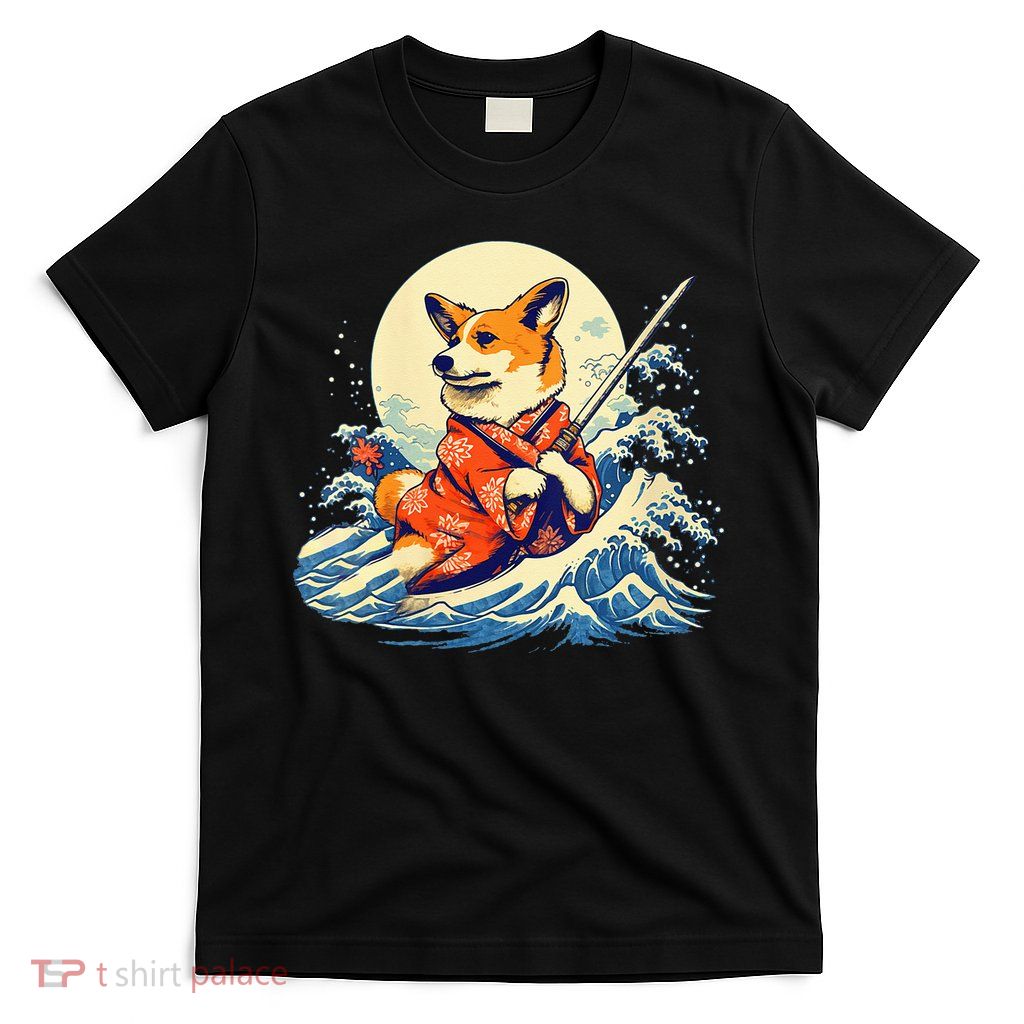 Funny Corgi Dog Japanese Grand Wave Ukiyoe Art Samurai Ninja T-Shirt