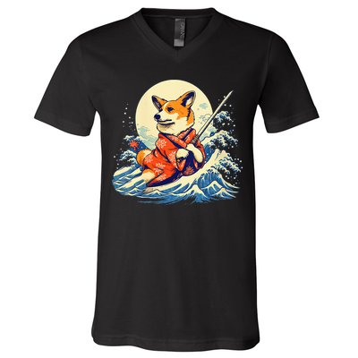 Funny Corgi Dog Japanese Grand Wave Ukiyoe Art Samurai Ninja V-Neck T-Shirt