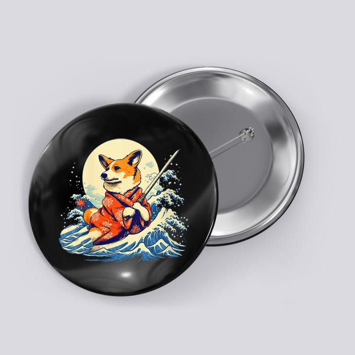 Funny Corgi Dog Japanese Grand Wave Ukiyoe Art Samurai Ninja Button