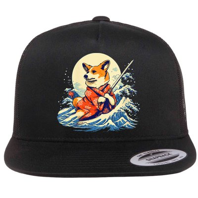 Funny Corgi Dog Japanese Grand Wave Ukiyoe Art Samurai Ninja Flatbill Hat