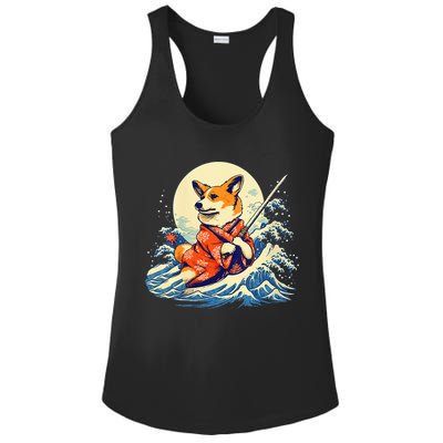 Funny Corgi Dog Japanese Grand Wave Ukiyoe Art Samurai Ninja Ladies PosiCharge Competitor Racerback Tank