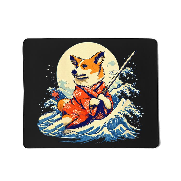 Funny Corgi Dog Japanese Grand Wave Ukiyoe Art Samurai Ninja Mousepad