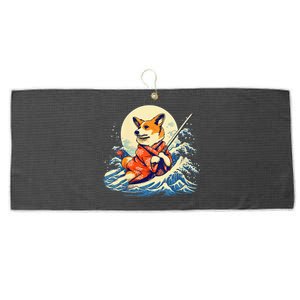 Funny Corgi Dog Japanese Grand Wave Ukiyoe Art Samurai Ninja Large Microfiber Waffle Golf Towel