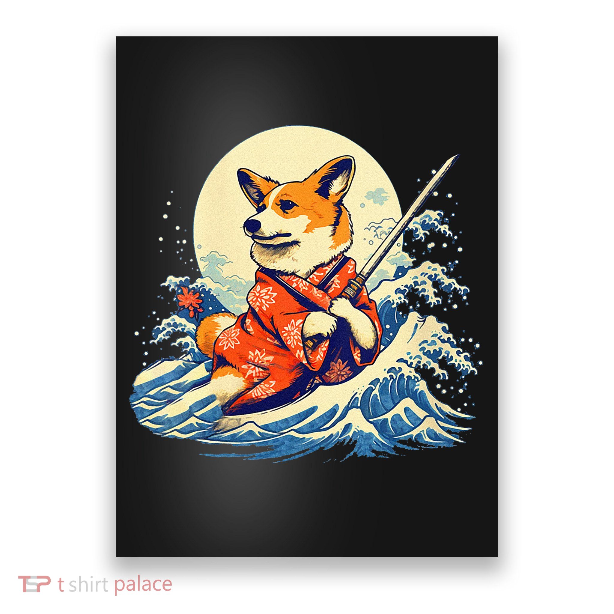 Funny Corgi Dog Japanese Grand Wave Ukiyoe Art Samurai Ninja Poster