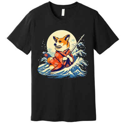 Funny Corgi Dog Japanese Grand Wave Ukiyoe Art Samurai Ninja Premium T-Shirt