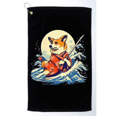 Funny Corgi Dog Japanese Grand Wave Ukiyoe Art Samurai Ninja Golf Towel