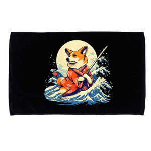 Funny Corgi Dog Japanese Grand Wave Ukiyoe Art Samurai Ninja Microfiber Hand Towel