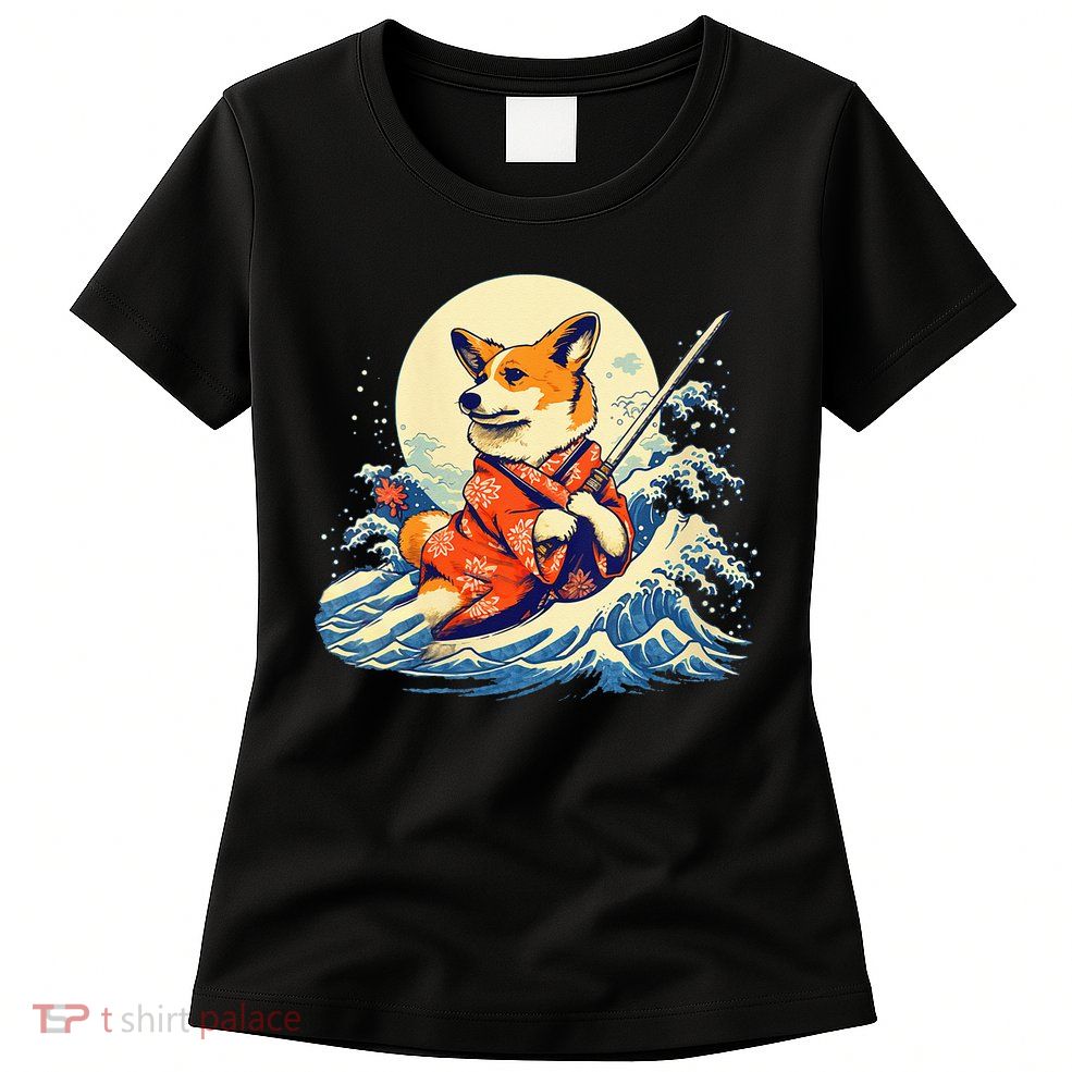 Funny Corgi Dog Japanese Grand Wave Ukiyoe Art Samurai Ninja Womens T-Shirt