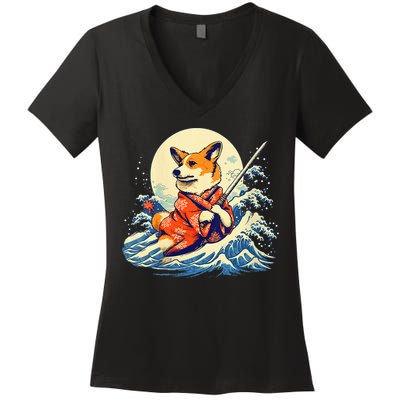 Funny Corgi Dog Japanese Grand Wave Ukiyoe Art Samurai Ninja Women's V-Neck T-Shirt