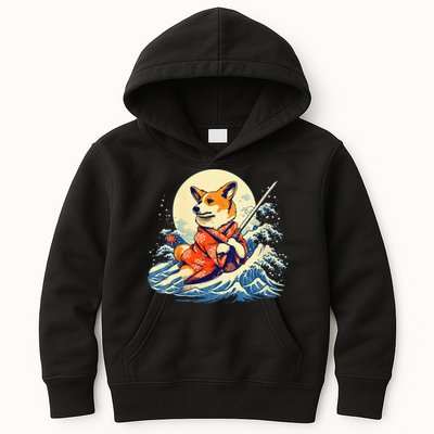 Funny Corgi Dog Japanese Grand Wave Ukiyoe Art Samurai Ninja Kids Hoodie