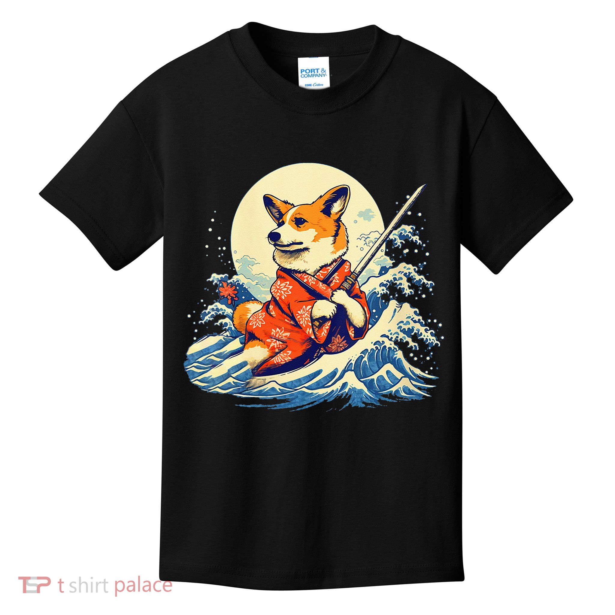 Funny Corgi Dog Japanese Grand Wave Ukiyoe Art Samurai Ninja Kids T-Shirt