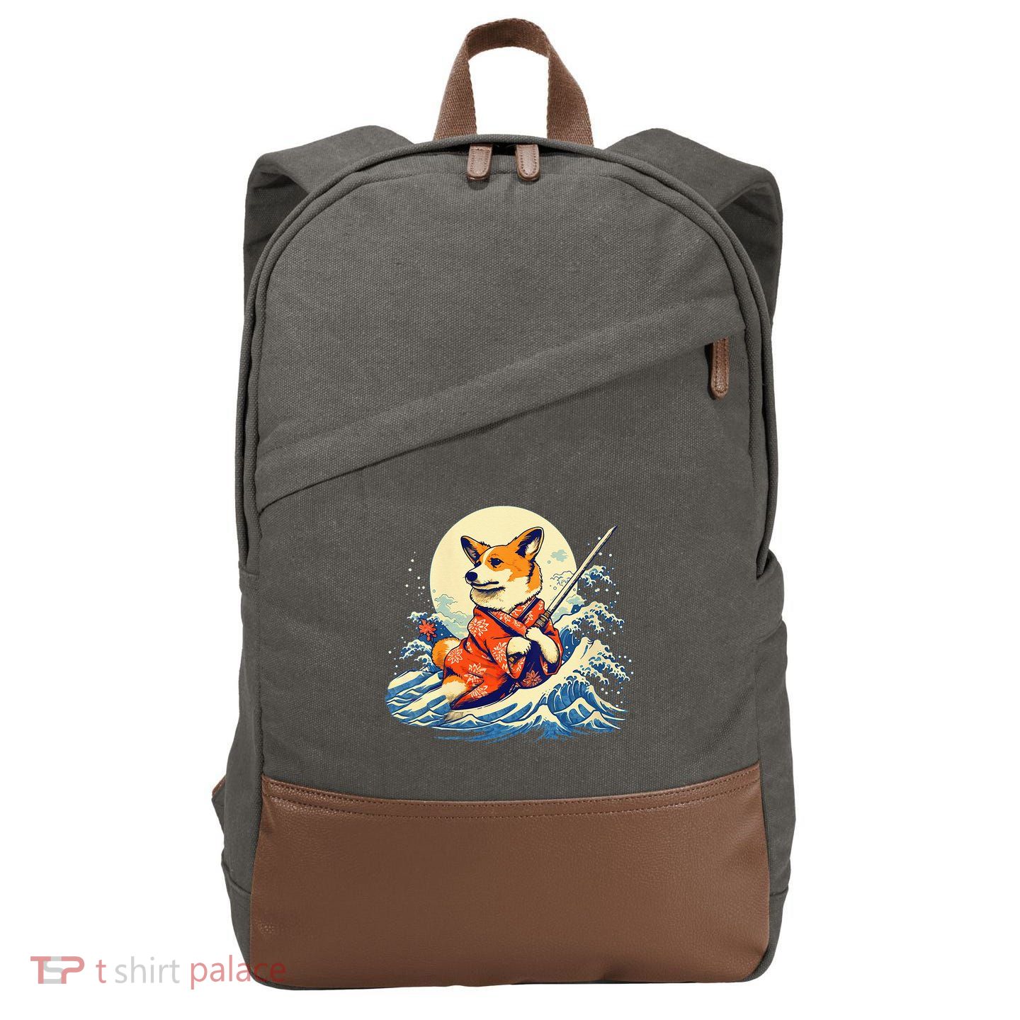 Funny Corgi Dog Japanese Grand Wave Ukiyoe Art Samurai Ninja Cotton Canvas Backpack