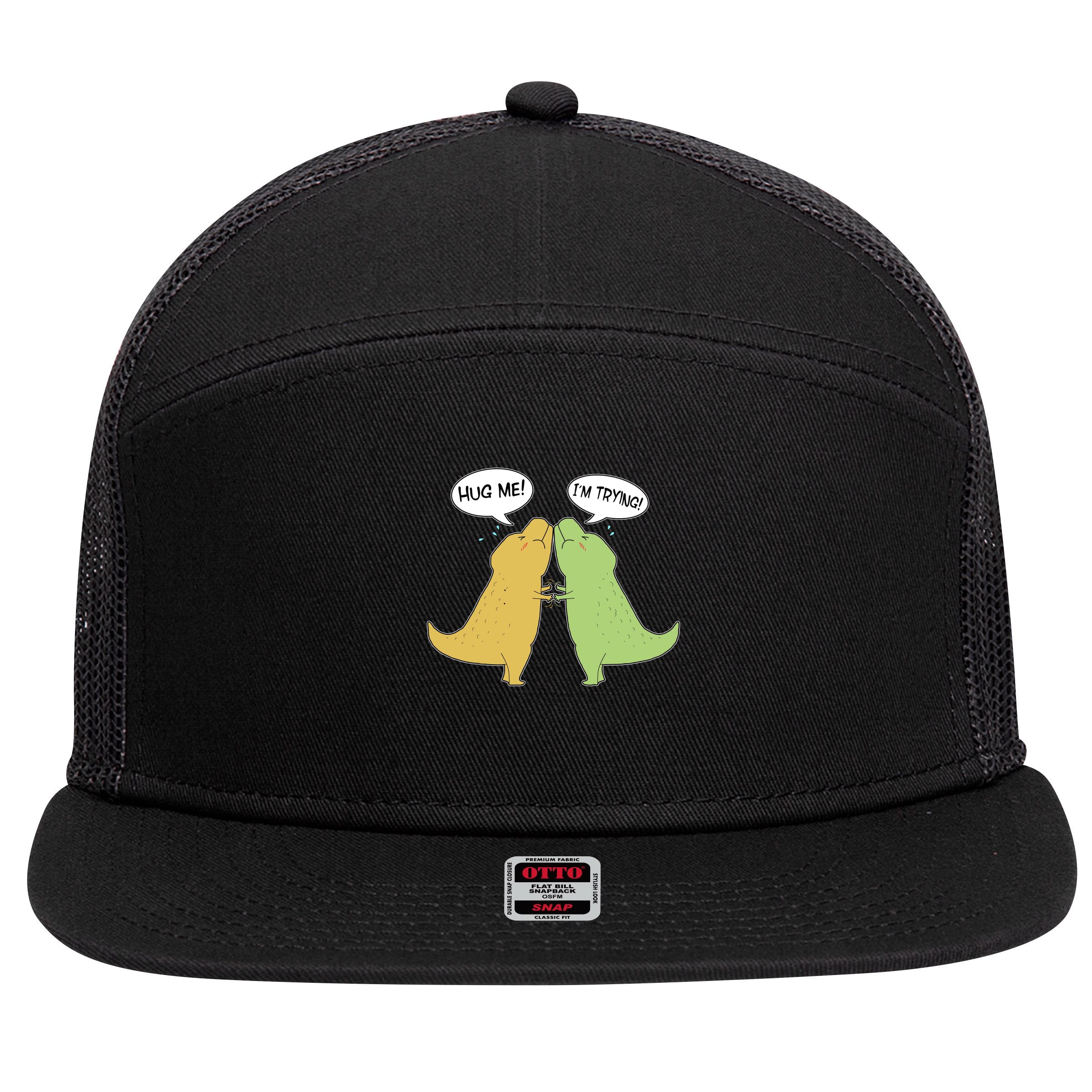 Funny Cute Dinosaur Trex Hug Me I'm Trying 7 Panel Mesh Trucker Snapback Hat