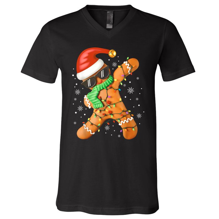 Funny Christmas Dabbing Gingerbread Xmas Pajamas V-Neck T-Shirt