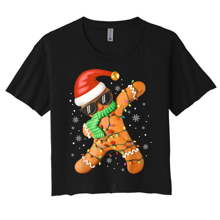 Funny Christmas Dabbing Gingerbread Xmas Pajamas Women's Crop Top Tee