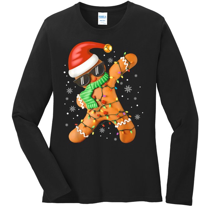 Funny Christmas Dabbing Gingerbread Xmas Pajamas Ladies Long Sleeve Shirt