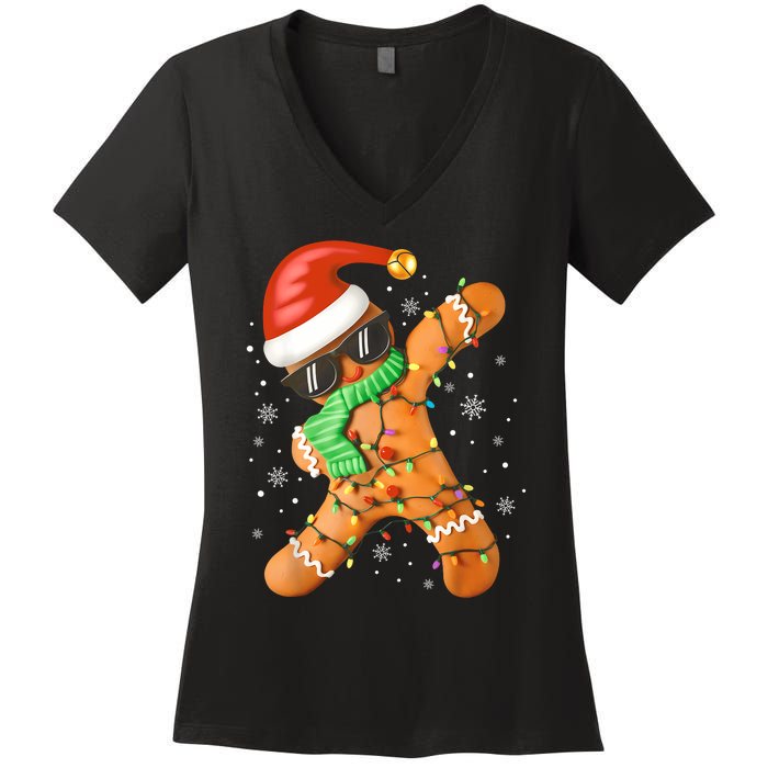 Funny Christmas Dabbing Gingerbread Xmas Pajamas Women's V-Neck T-Shirt