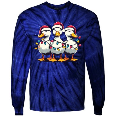 Funny Christmas Ducks Wearing Xmas Hat Light Duck Lover Farm Tie-Dye Long Sleeve Shirt