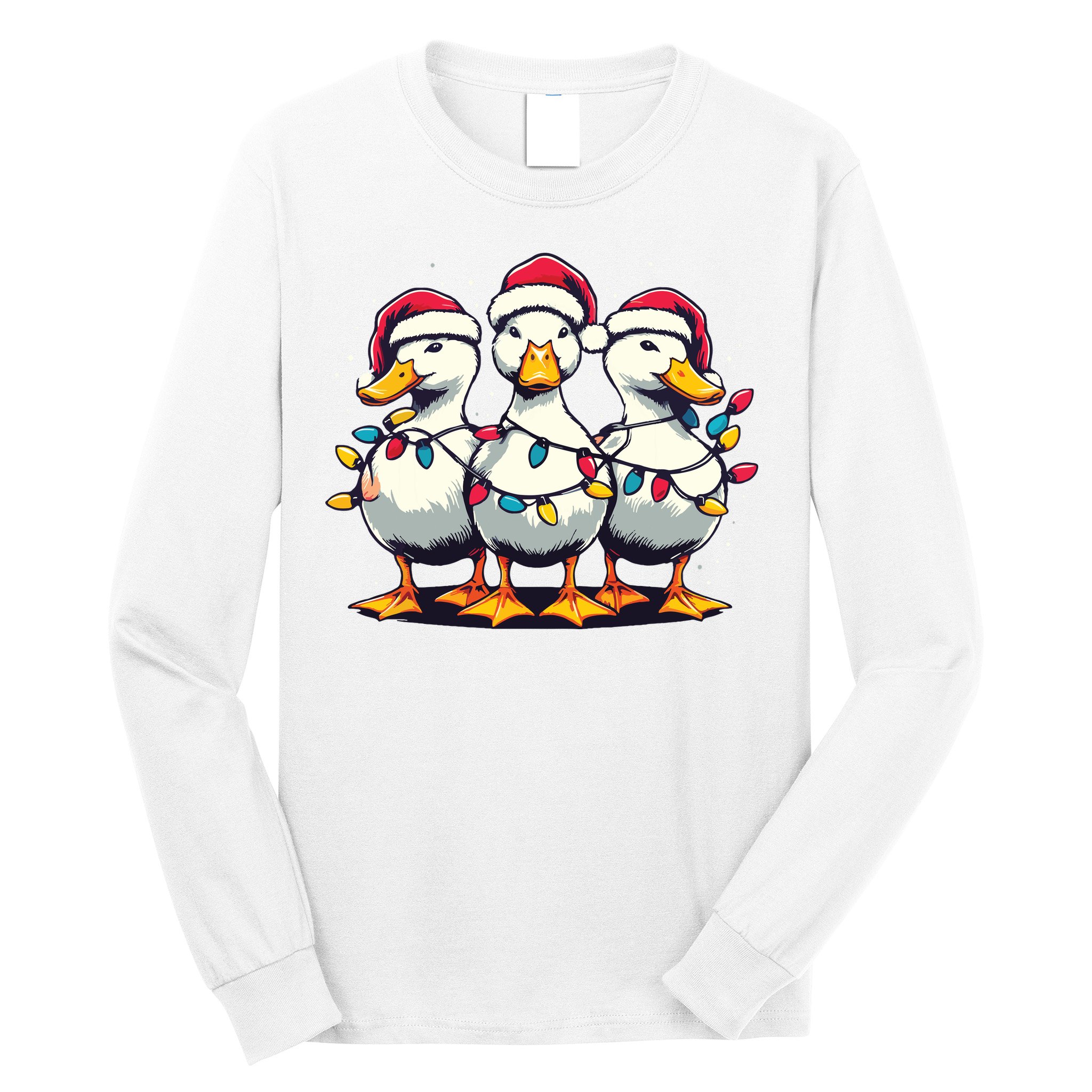 Funny Christmas Ducks Wearing Xmas Hat Light Duck Lover Farm Long Sleeve Shirt