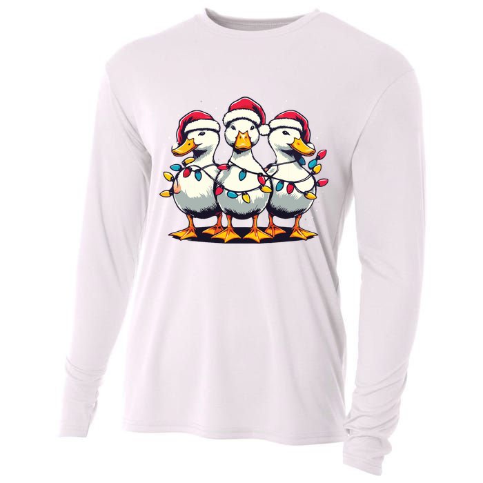 Funny Christmas Ducks Wearing Xmas Hat Light Duck Lover Farm Cooling Performance Long Sleeve Crew