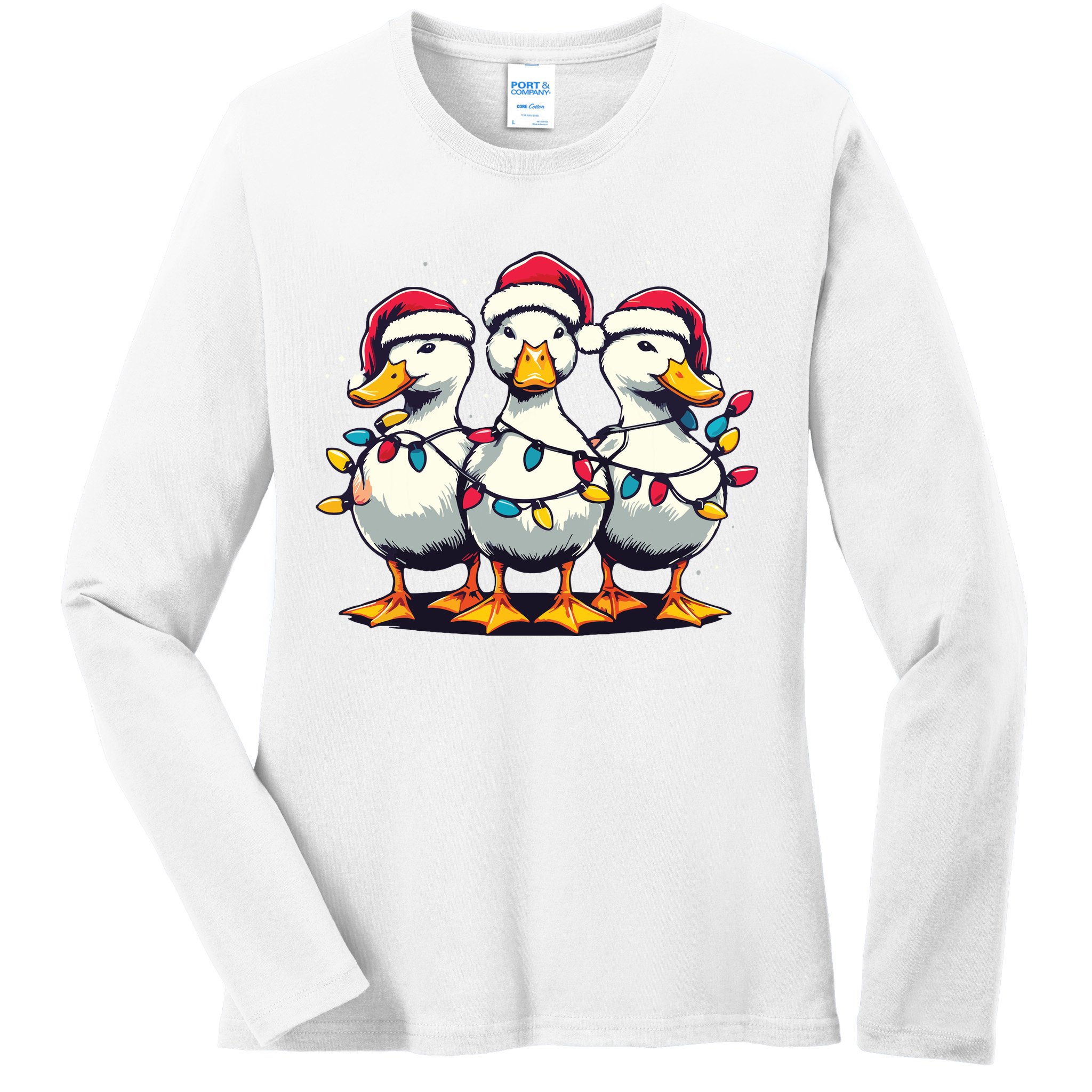 Funny Christmas Ducks Wearing Xmas Hat Light Duck Lover Farm Ladies Long Sleeve Shirt