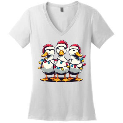 Funny Christmas Ducks Wearing Xmas Hat Light Duck Lover Farm Women's V-Neck T-Shirt
