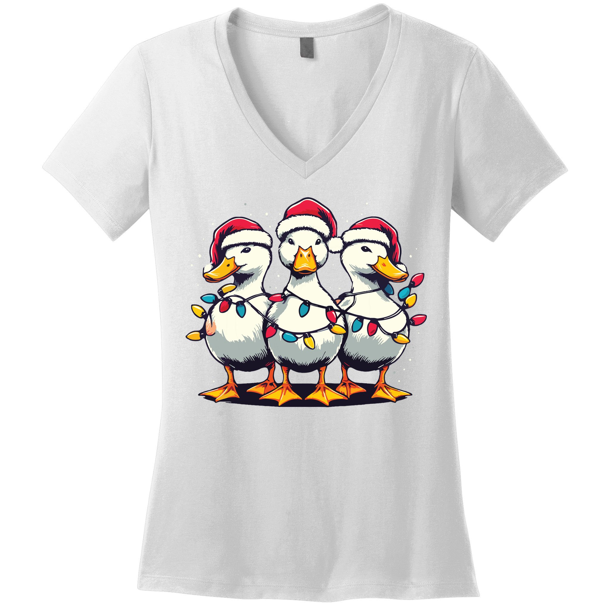 Funny Christmas Ducks Wearing Xmas Hat Light Duck Lover Farm Women's V-Neck T-Shirt