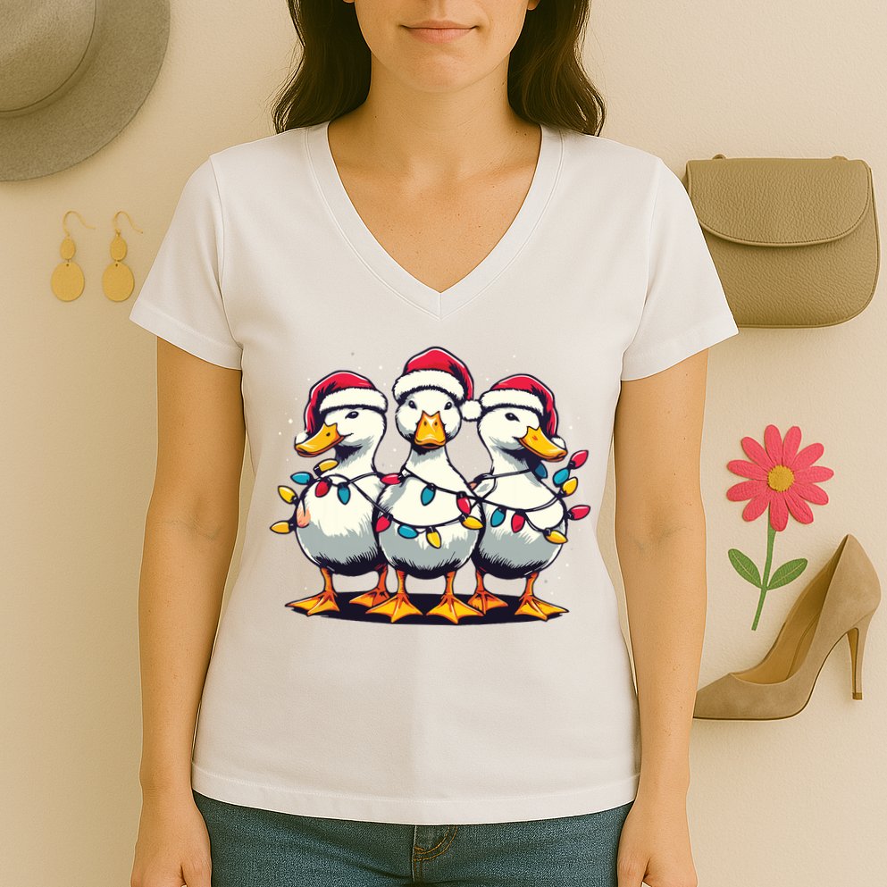 Funny Christmas Ducks Wearing Xmas Hat Light Duck Lover Farm Women's V-Neck T-Shirt