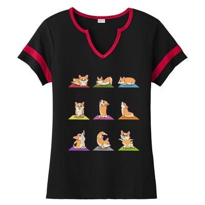 Funny Corgi Dogs Yoga Asana Poses Meditation Lovers Masters Gift Ladies Halftime Notch Neck Tee