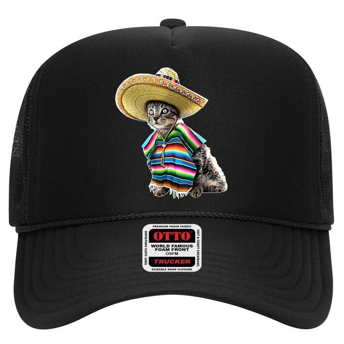 Funny Cinco De Mayo Cat Sombrero Poncho Party Gift High Crown Mesh Back Trucker Hat