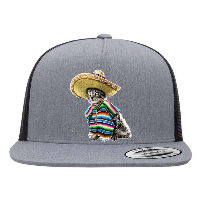 Funny Cinco De Mayo Cat Sombrero Poncho Party Gift Flat Bill Trucker Hat