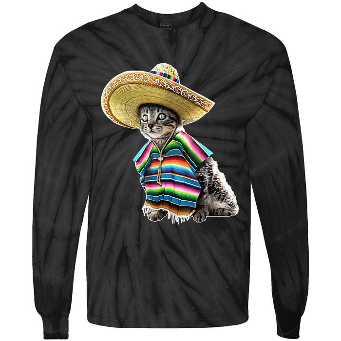 Funny Cinco De Mayo Cat Sombrero Poncho Party Gift Tie-Dye Long Sleeve Shirt