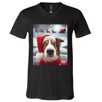 Funny Christmas Dog With Santa Dog Selfie With Santa V-Neck T-Shirt