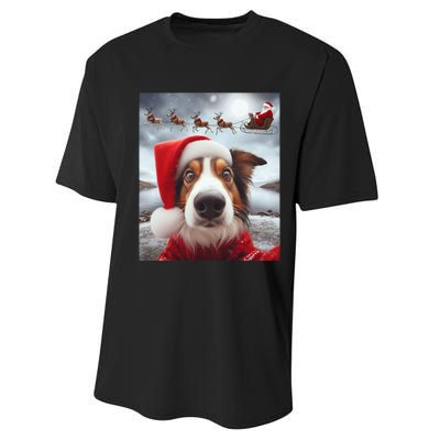 Funny Christmas Dog With Santa Dog Selfie With Santa Performance Sprint T-Shirt