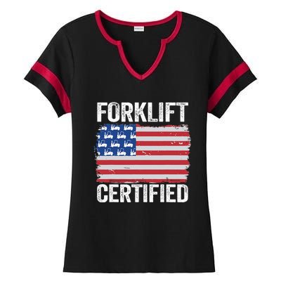 Forklift Certified Daddy American Flag Funny Forklift Driver Ladies Halftime Notch Neck Tee