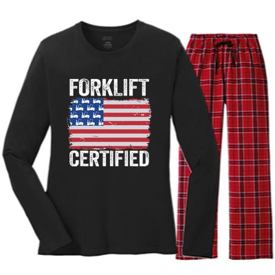 Forklift Certified Daddy American Flag Funny Forklift Driver Women's Long Sleeve Flannel Pajama Set 