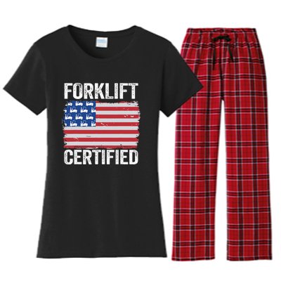 Forklift Certified Daddy American Flag Funny Forklift Driver Women's Flannel Pajama Set