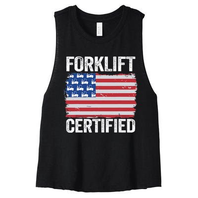 Forklift Certified Daddy American Flag Funny Forklift Driver Women's Racerback Cropped Tank