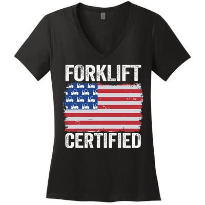 Forklift Certified Daddy American Flag Funny Forklift Driver Women's V-Neck T-Shirt