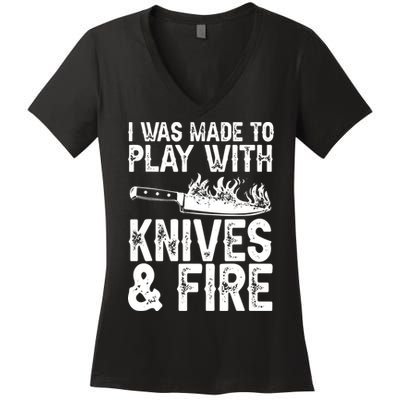 Funny Chef Design For Men Women Knives Play Cooking Lovers Women's V-Neck T-Shirt