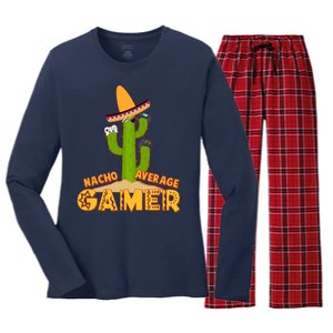 Funny Cinco De Mayo Nacho Average Gamer Cactus Gamer Women's Long Sleeve Flannel Pajama Set 