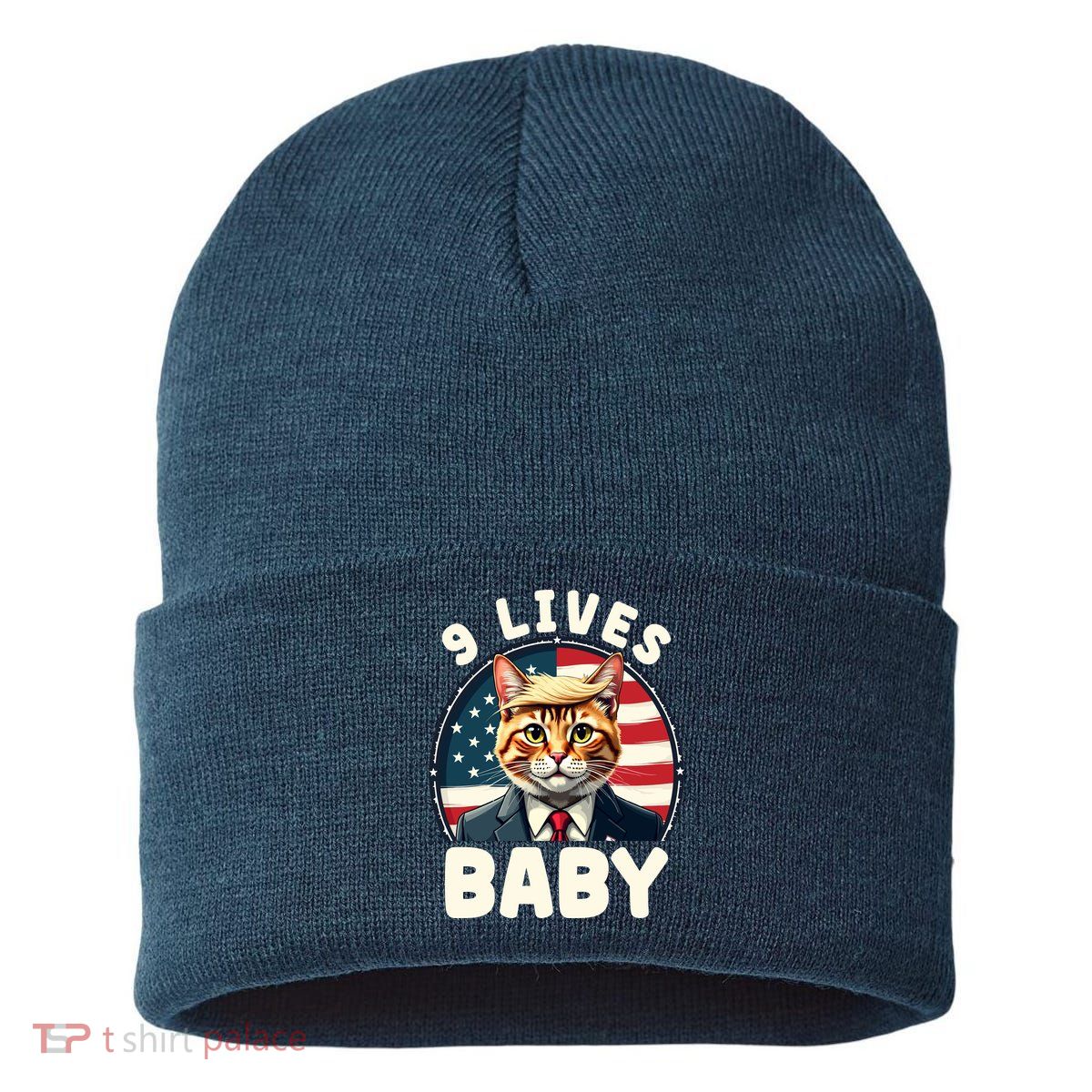 Funny Cat Donald Trump 9 Lives Baby Sustainable Knit Beanie