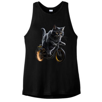 Funny Cat Drives Bicycle Cat Lover Graphic Cats Kitten Lover Ladies PosiCharge Tri-Blend Wicking Tank