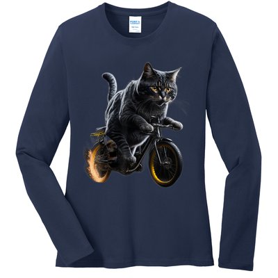 Funny Cat Drives Bicycle Cat Lover Graphic Cats Kitten Lover Ladies Long Sleeve Shirt