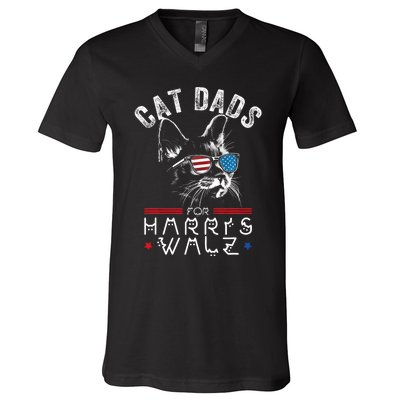 Funny Cat Dads For Harris Waltz 2024 Usa Flag V-Neck T-Shirt