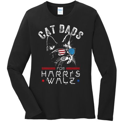 Funny Cat Dads For Harris Waltz 2024 Usa Flag Ladies Long Sleeve Shirt